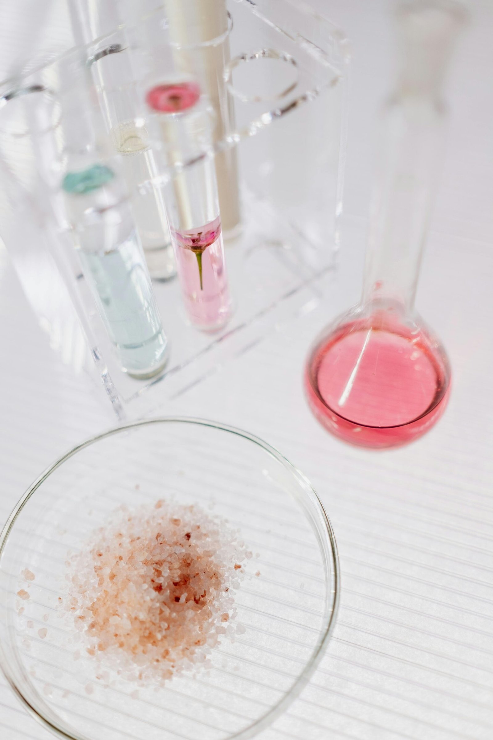 zipwp image 10187996 A vibrant chemistry setup featuring colorful liquids in flasks and a petri dish.